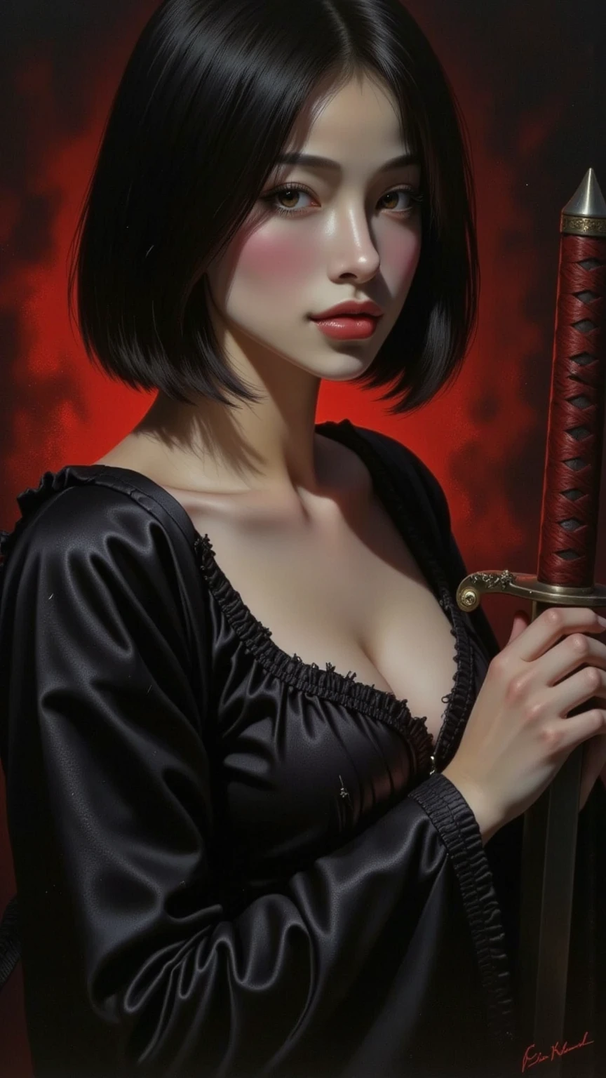 A seductive girl, direct gaze, short black hair, pale skin, kimono, off shoulder, cleavage, both hands on the hilt of a katana, red light illuminating one side of face, silhouetted, chiascuro, dark fantasy oil painting, dynamic angle, aesthetic, drkfnts style