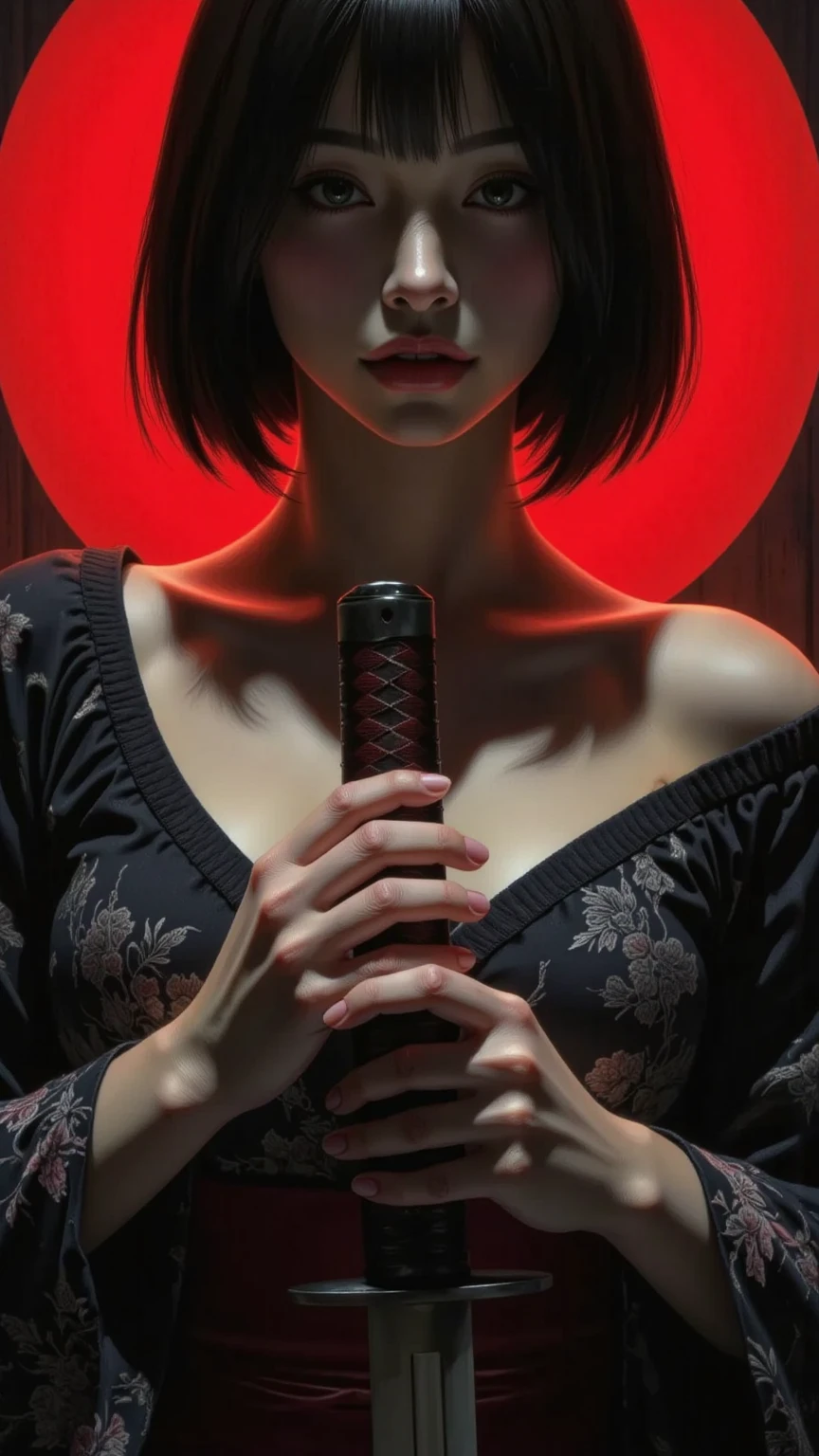 A seductive girl, direct gaze, short black hair, pale skin, kimono, off shoulder, cleavage, both hands on the hilt of a katana, red light illuminating one side of face, silhouetted, chiascuro, dark fantasy oil painting, dynamic angle, aesthetic, drkfnts style