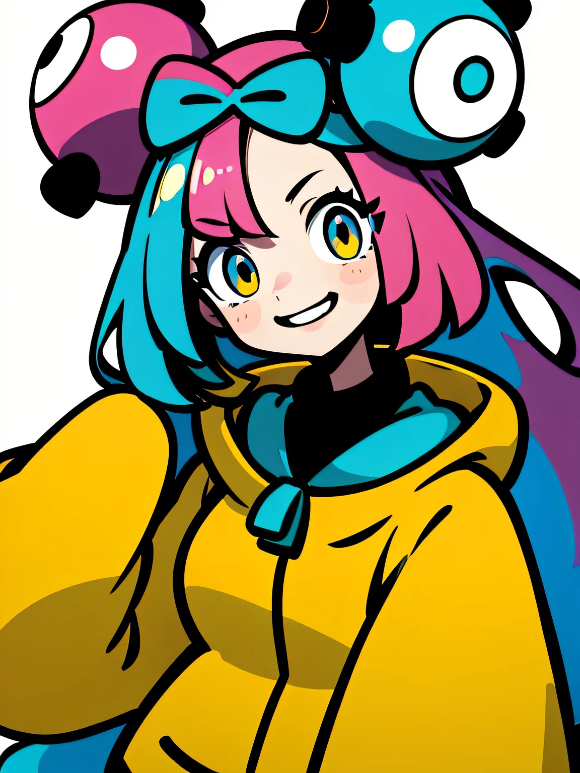 Highest quality、masterpiece、Anime Style、iono1, long hair, yellow jacket, long sleeves, hair ornament,upperbody,murakami:1.2,smile、White Background,Nanjamo,No text