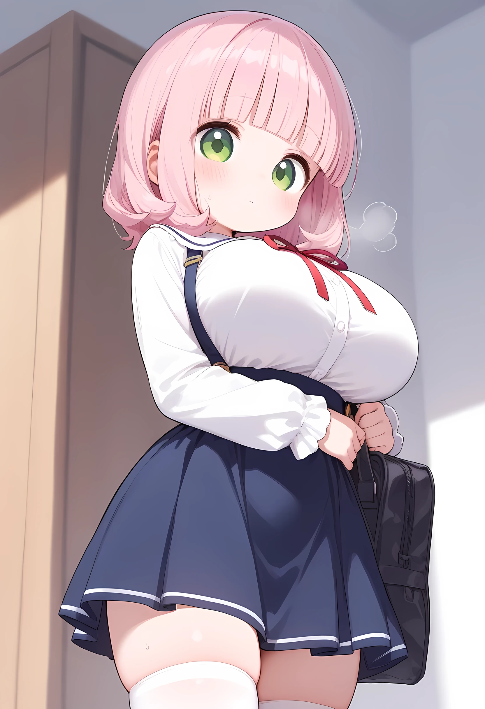 (ultra-detailed), (**li:1.1),  big breasts in okunai,  Long Sleeve White Blouse ,  blue suspender skirt, red chest ribbon ,  white knee-high socks ,  pink hair, blunt bangs ,  Medium Hair, Cute green eyes , Droopy eyes, (**************), 8k, best quality, masterpiece, clear, ultra high res, super detail, accurate, high details,  highres, beautiful face,, beautiful eyes, Detailed eyes