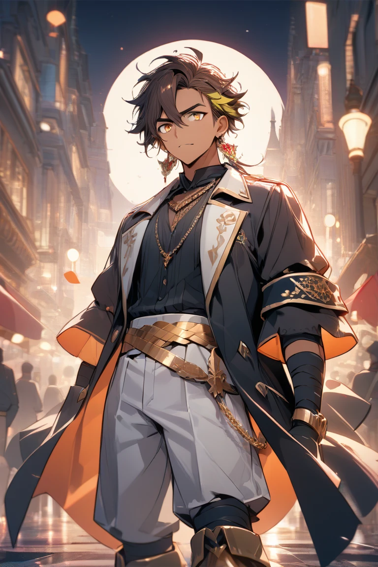 (masterpiece), best quality, expressive eyes, perfect face, brown hair with blonde dyed tips, adult male with slightly-tan skin, orange eyes, black simple open long coat with a red and black undershirt, pirate pants with a gold belt and gold boots, bandaged hands and a black armband as well as a red right earring, city background, night