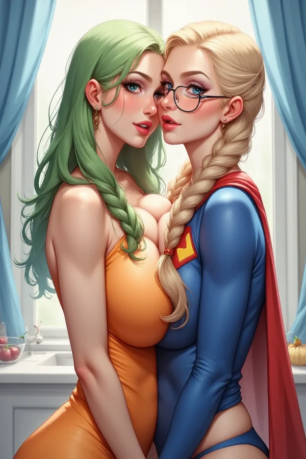 A TALL FEMALE WITH LONG GREEN HAIR AND GREEN EYES, WEARING A ORANGE DRESS PASSIONATELY KISSING A FEMALE WITH BLONDE HAIR IN A FULL BRAIDS, BLUE EYES, GLASSES, WEARING A BLUE CORDUROY FABRIC SUPERMAN SUIT AND A RED SUPERMAN CAPE. (FOREPLAY NIPPLE SQUEEZE AND BREAST SQUEEZING). LOTS OF SALIVA DRIPPING ON BOTH OF THIER LIPS. CRYSTAL CLEAR IMAGE, 4K HIGH RES, PROFESSIONAL DETAILS AND TEXTURES. SEMI REALISTIC STYLE.