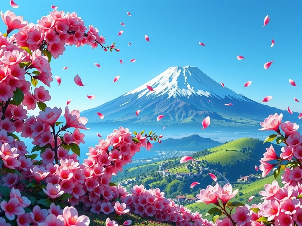 Create an image of pink flowers blooming all over the foot of Mount Fuji in Japan。