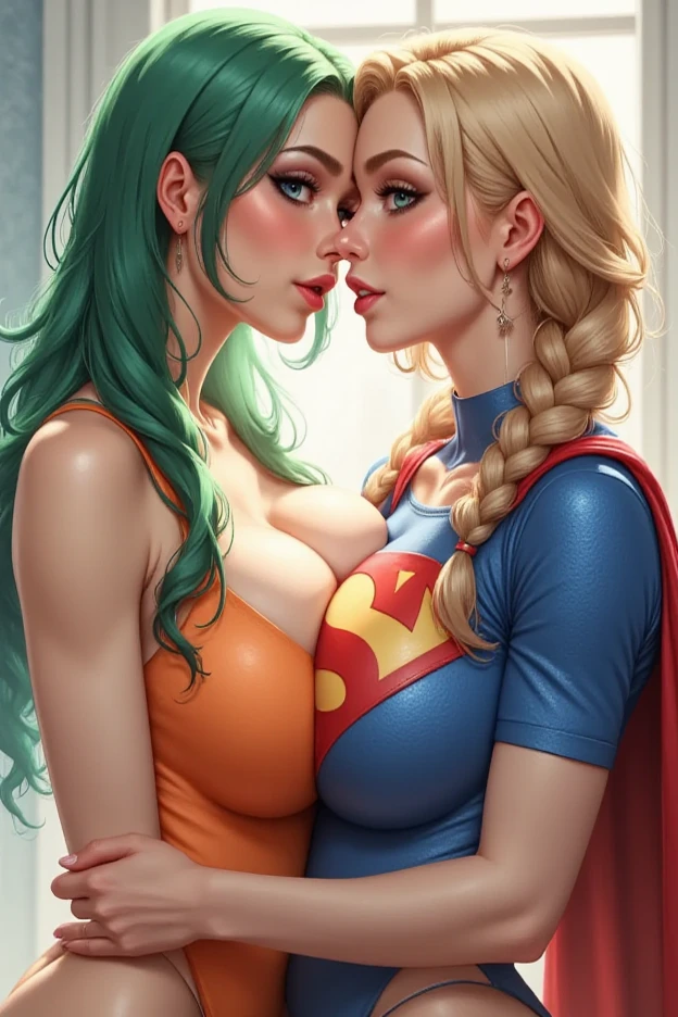 A TALL FEMALE WITH LONG GREEN HAIR AND GREEN EYES, WEARING A ORANGE DRESS PASSIONATELY KISSING A FEMALE WITH BLONDE HAIR IN A FULL BRAIDS, BLUE EYES, GLASSES, WEARING A BLUE CORDUROY FABRIC SUPERMAN SUIT AND A RED SUPERMAN CAPE. (FOREPLAY NIPPLE SQUEEZE AND BREAST SQUEEZING). LOTS OF SALIVA DRIPPING ON BOTH OF THIER LIPS. CRYSTAL CLEAR IMAGE, 4K HIGH RES, PROFESSIONAL DETAILS AND TEXTURES. SEMI REALISTIC STYLE.