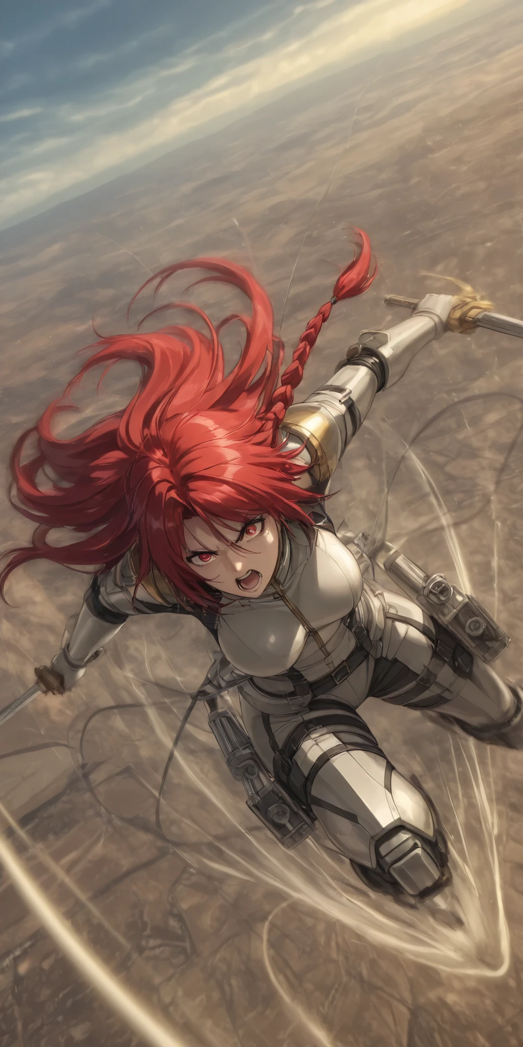 solo,iris midgar, long hair, red eyes, braid, red hair, diving to Titan from high above by The 3-D Maneuver Gear, downspin, motion blur, (dynamic pose),mad, angry, open mouth, holding 2swords\). anthro, screen capture. dynamic angle. BREAK .quality\(8k,wallpaper of extremely detailed CG unit, high resolution, top-quality, top-quality real texture skin, hyper realistic, increase the resolution, RAW photos, best quality, highly detailed, the wallpaper, golden ratio, high saturation realism, vibrant colors, dramatic lighting, persuasive storytelling, atmospheric scenery, captivating visuals, intricate details, strong emotions, dreamlike world\).landscape, dutch angle, action shot, (motion blur:1.3), limited color, tense battle scenes