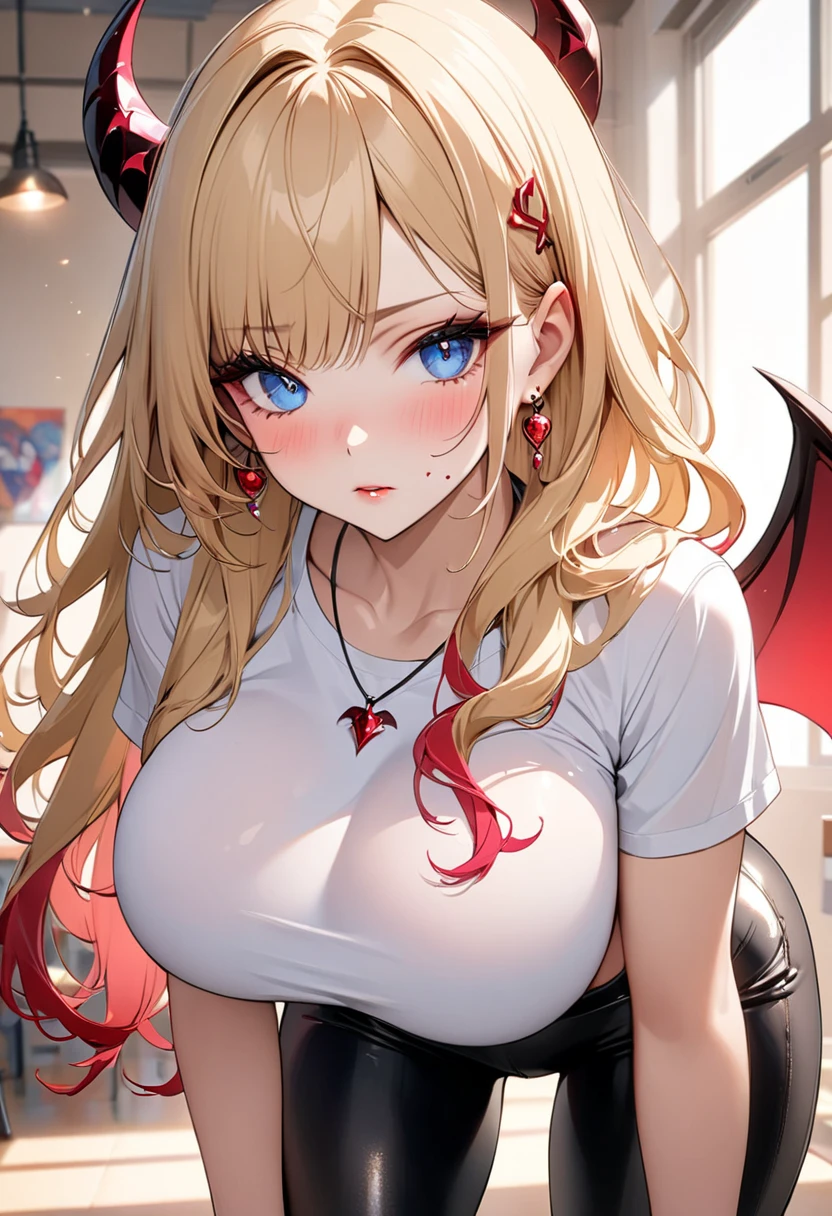 ((  Best Quality)), (( masterpiece)), (details), miss,  unique , ( Big  , blond,  blue eyes, ((非常长的hair)), curve, Large target , Big Breasts , thigh,  beautiful face  ,  beautiful skin  , Long eyelashes,  thick lashes ),  bright colors , pink freckles ,  Soft Lighting , Dreamy atmosphere, high school, Hairpin, earrings, A necklace ,t-shirt,  black metallic pants, Big Breasts :5.0，金色长hair,  Big Breasts ,  blood-red eyes， upper body, hair_ ornaments ,  bangs,  with long blond hair ),(( with long blond hair )), ,(((Succubus)))，(Succubus,  Devil's Wings , Runes on the face )