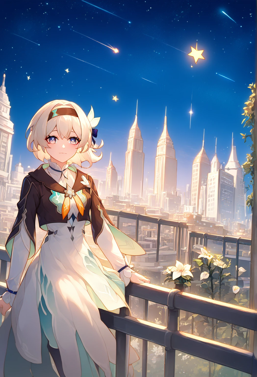 (score_5, score_7, score_8, score_9:1.2), (fisheye lens, highly detailed background, stars, shooting star, city, railing, night, twilight:1.5), (source_anime, lineart), firefly \(honkai: star rail\), jacket, white dress, long sleeves, white flower, headband