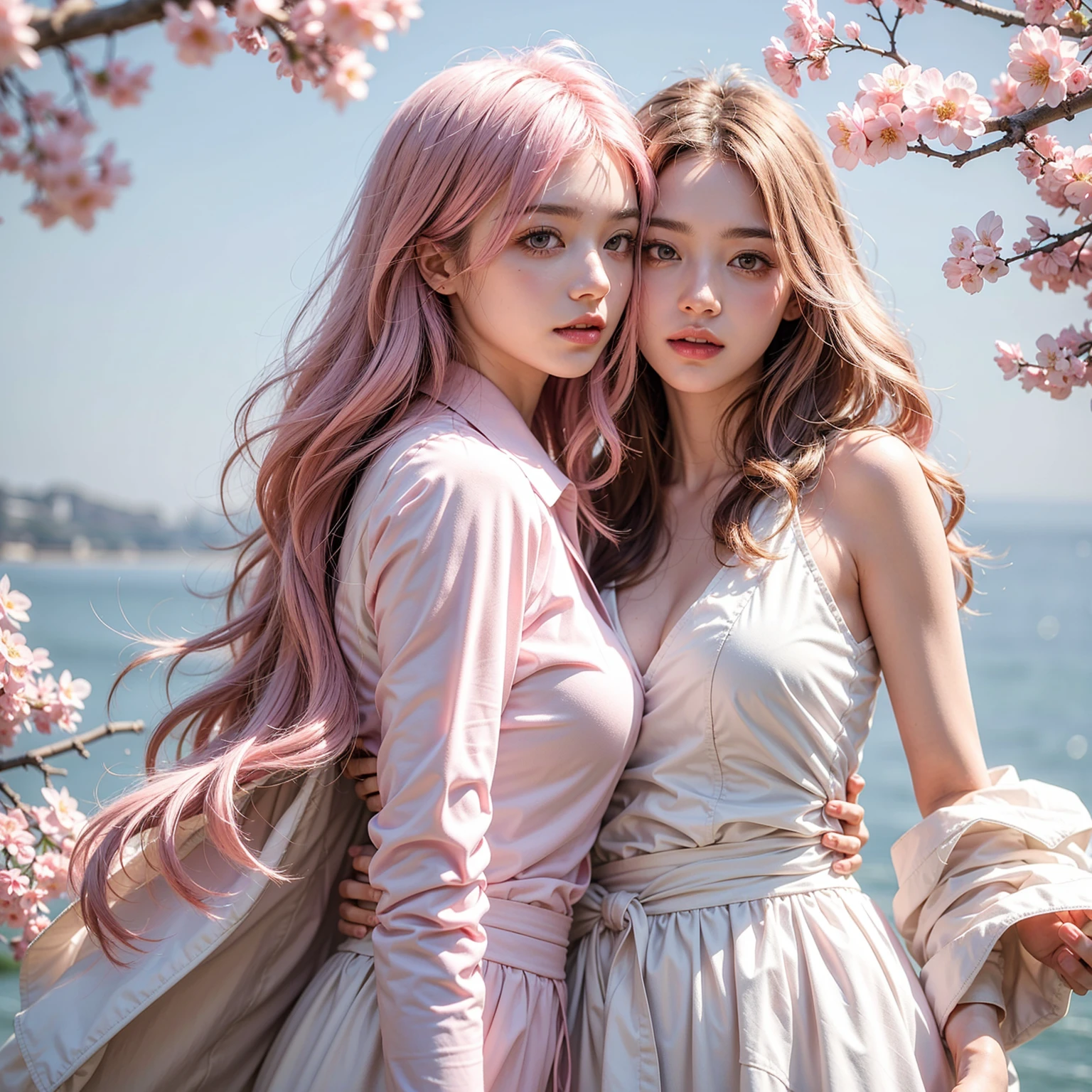 Light pink hair, pink eyes, pink and white, sakura leafs, vivid colors, white shirt, paint splash, simple background, ray tracing, wavy hair