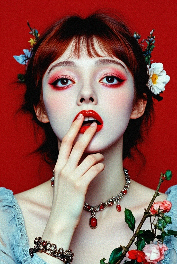 1 Girl, multicoloRed Eyes, unique , flower, jewelry, red background, long hair, necklace, bracelet, hair flower, Redhead, Looking at the Audience , Hair accessories, simple background, upper body, teeth, multicoloRedhead, Bangs, finger to mouth , Raise your hand, clavicle, cosmetic, choker, nail, split lips , Eyeshadow, Red Eyes, Blue Hair, white flower, gradient eyes, 茶flower, exposed shoulders , branch, finger in own mouth, facial markings , leaf , masterpiece, Best Quality ,up to date,