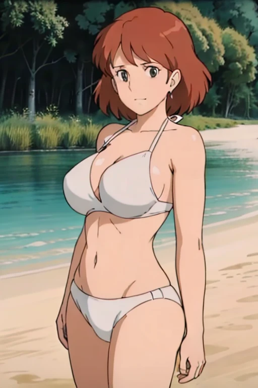 (masterpiece, best quality, high resolution, anime screencap, anime colored, 8k, photorealistic), Nausicaa, 1women, milf, wife, solo, brown hair, sad smile, (looking at viewer), huge breasts, cleavage, (white bikini:1.5), Curvey, cowboy shot, (lake, wet), (perfect detailed anatomy, beautiful detailed face&eyes:1.5, shiny skin, perfect sharp body)