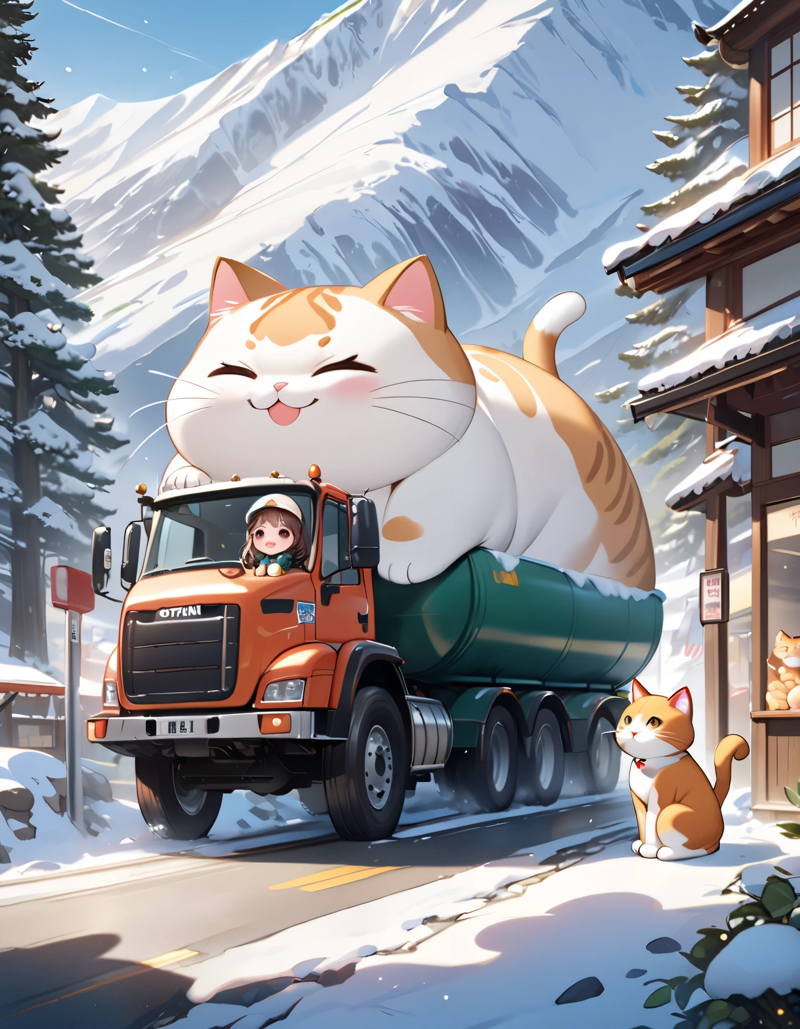 (masterpiece), (ultra-detailed), (best quality), (clear focus), dramatic scene, cinematic, shadow, (ultra-high resolution), (8k), perfect anatomy, perfect face, (detailed face), (detailed eye), (chibi:1.3), (cute Japanese chibi small girl:1.3), famous Japanese chibi idol, very beautiful with cute but cool face, (the girl is wearing a truck driver's outfit with coveralls with nylon jacket:1.2), boots, (medium breasts), (She is driving a small tanker truck with very cute giant fat cats:1.3), at the shopping street in the mountain village, snow covered road, in winter, deep snow, leafless trees, (the fat tank looks like a very cute giant fat cat and it is mewing gently with smile:1.3), (detailed giant fat cat:1.3), they looks so happy and petting a head, happy smile, (shoot from side), spectacular view of snow mountains