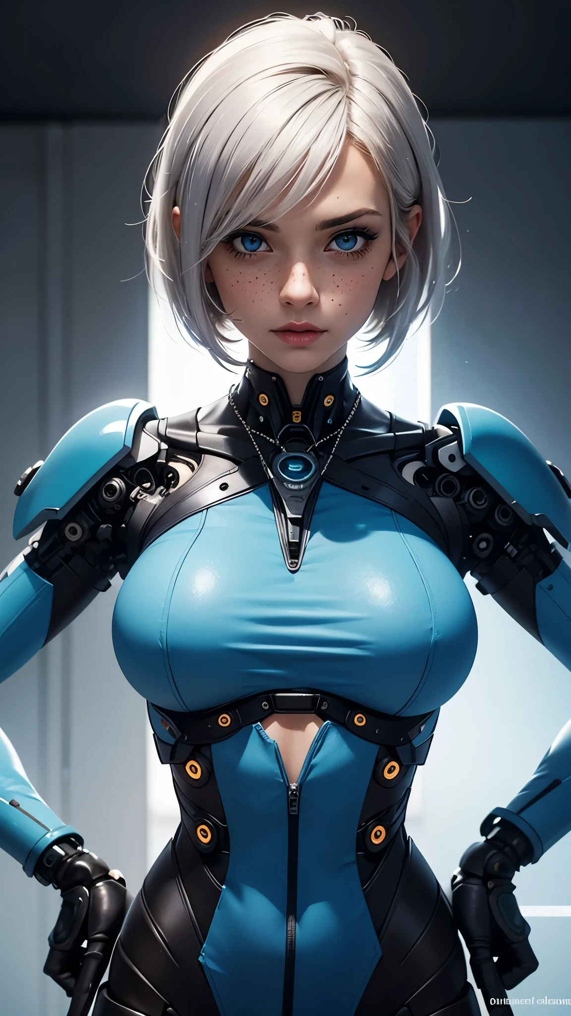 Gwen is a sexy organic cyborg with a mechanized body and white hair , very attractive cybernetic model   ,   Short Hair   ,cute makeup,   blue beautiful eyes   , gray hair ,   shy and sexy look, freckles,   beautiful girl   ,   beautiful firm big breasts   ,Super detailed,   realistic ,sexual art, The fantastic art of cybernetics   ,the world of mechanical people   ,neck necklace  ,the character is fully visible