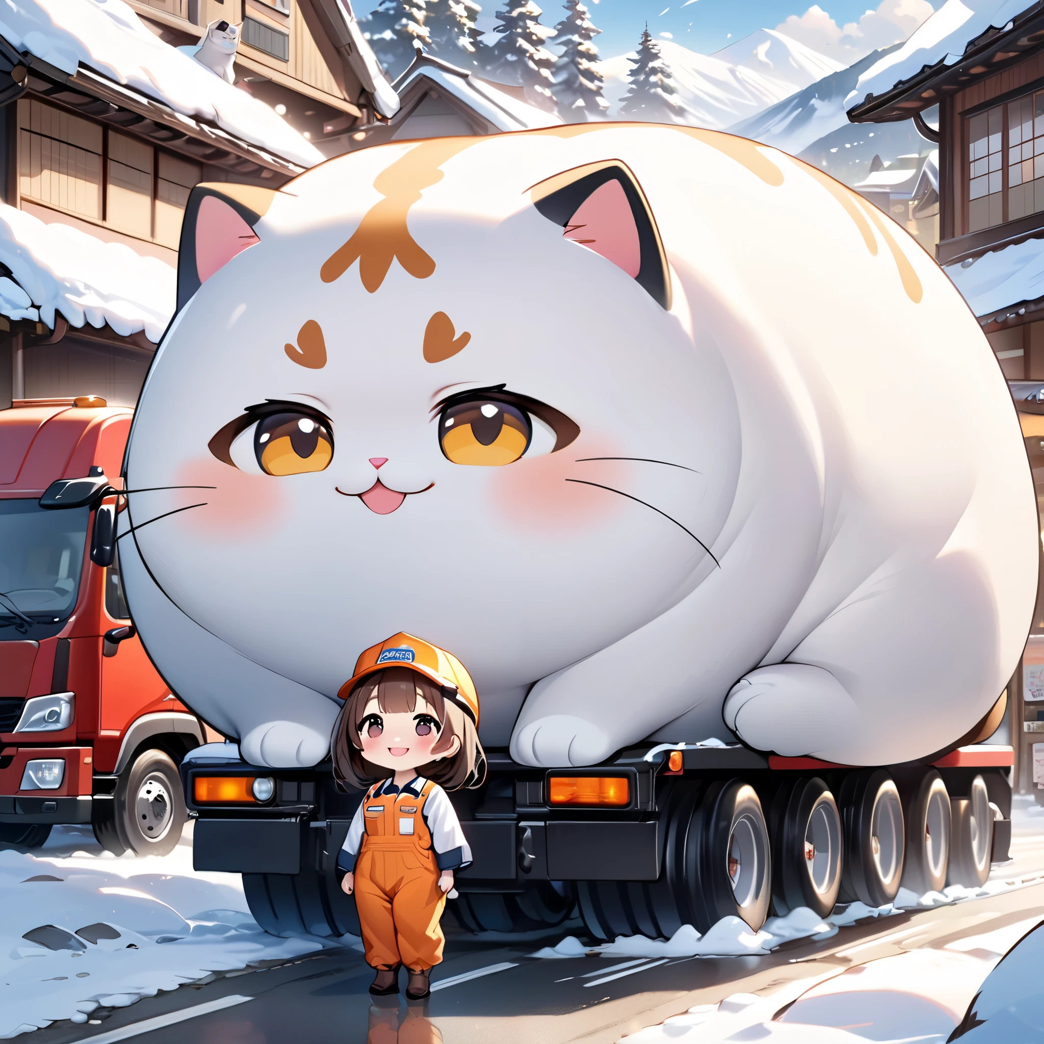 (masterpiece), (ultra-detailed), (best quality), (clear focus), dramatic scene, cinematic, shadow, (ultra-high resolution), (8k), perfect anatomy, perfect face, (detailed face), (detailed eye), (chibi:1.3), (cute Japanese chibi small girl:1.3), famous Japanese chibi idol, very beautiful with cute but cool face, (the girl is wearing a truck driver's outfit with coveralls with nylon jacket:1.2), boots, (medium breasts), (She is driving a small tanker truck with very cute giant fat cats:1.3), at the shopping street in the mountain village, snow covered road, in winter, deep snow, leafless trees, (the fat tank looks like a very cute giant fat cat and it is mewing gently with smile:1.3), (detailed giant fat cat:1.3), they looks so happy and petting a head, happy smile, (shoot from side), spectacular view of snow mountains