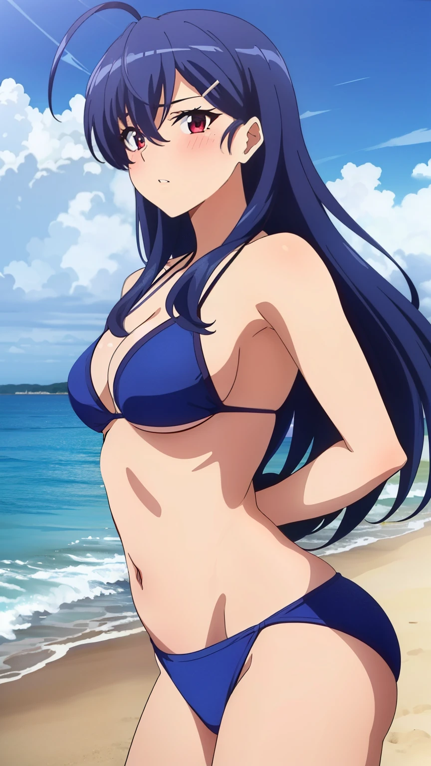best quality, masterpiece, over the sea,1girl (((bikini swimsuit )))、Beautiful sunlight on the beach, One Piece character Nico Robin, long black hair, extremely beautiful, looking at the viewer, standing in a bikini.(top-quality, 8K, masterpiece:1.3)), A detailed eye, (looking at from the front), Look at the camera, ((Everything is sparkling、reflecting light:1.2)), (Best Ratio: 4 fingers, 1 thumb), (portrait), 1 person, Nico Robin ((one piece)), Beautiful woman with perfect body, Highly detailed facial and skin texture,wearing accessories on head, all fingers pointing at viewer,