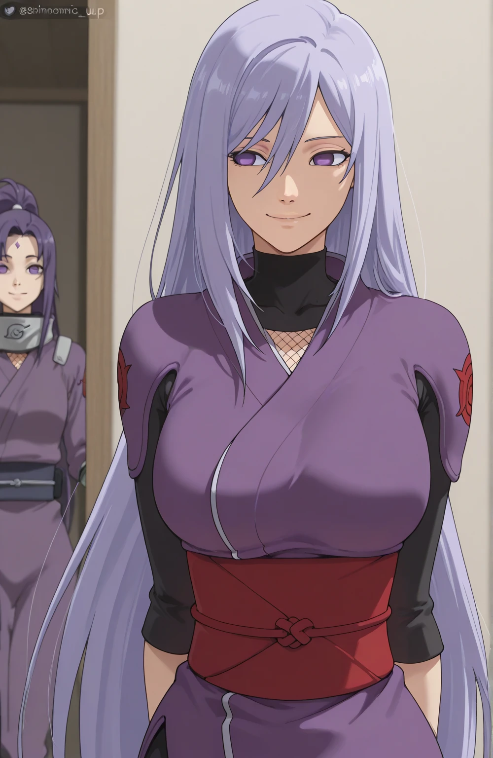 a girl, Alone, high resolution, Long hair , breasts, smile, looking at the spectator , Hair between eyes , Very long hair , Violet eyes, masterpiece, Precise, Pintura de acción, Anatómicamente correcto, The best quality, ninja, kunoichi, naruto Shippuden art, anime, shinobi