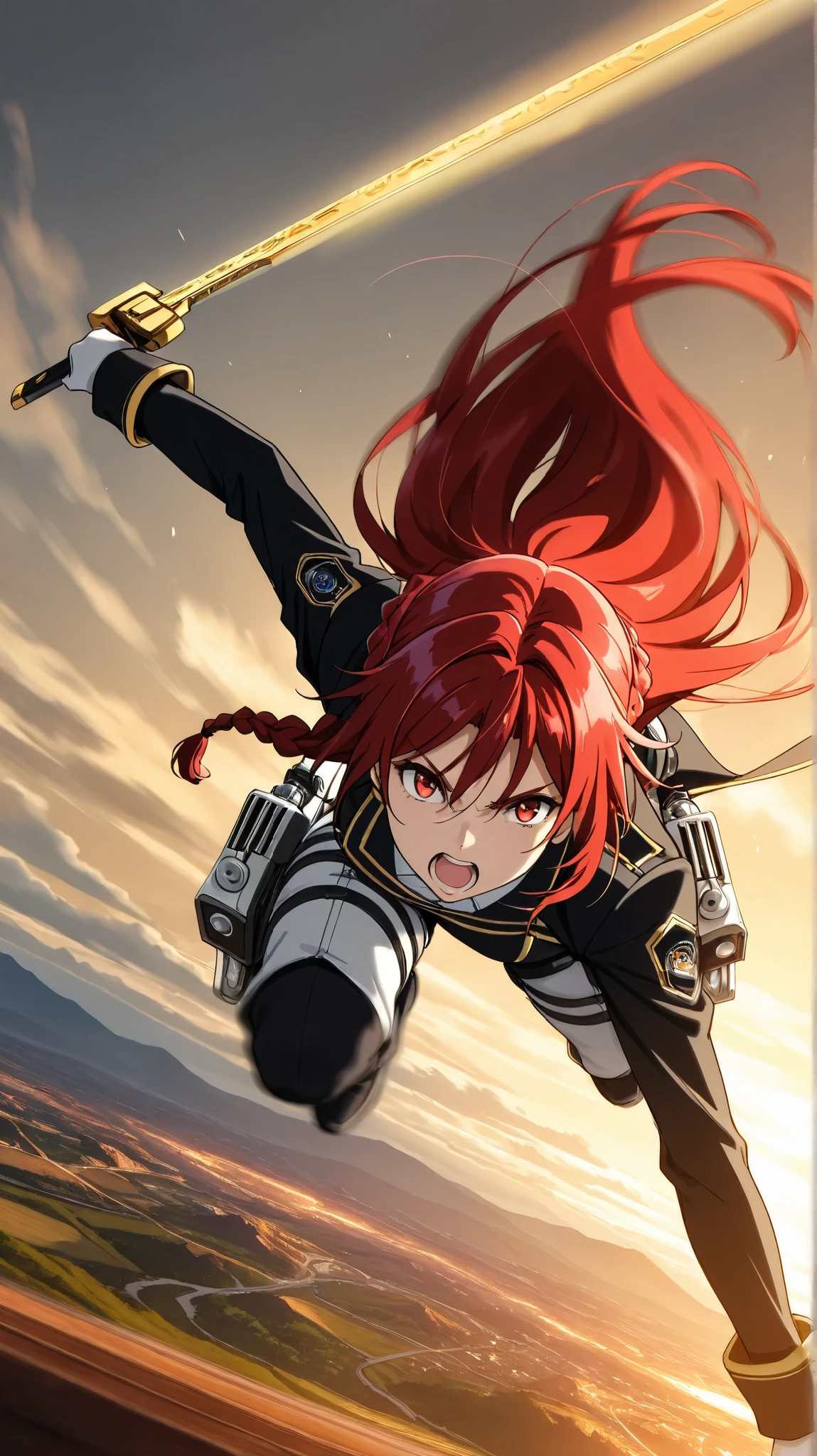 solo,iris midgar, long hair, red eyes, braid, red hair, diving to Titan from high above by The 3-D Maneuver Gear, downspin, motion blur, (dynamic pose),mad, angry, open mouth, holding 2swords\). anthro, screen capture. dynamic angle. BREAK .quality\(8k,wallpaper of extremely detailed CG unit, high resolution, top-quality, top-quality real texture skin, hyper realistic, increase the resolution, RAW photos, best quality, highly detailed, the wallpaper, golden ratio, high saturation realism, vibrant colors, dramatic lighting, persuasive storytelling, atmospheric scenery, captivating visuals, intricate details, strong emotions, dreamlike world\).landscape, dutch angle, action shot, (motion blur:1.3), limited color, tense battle scenes