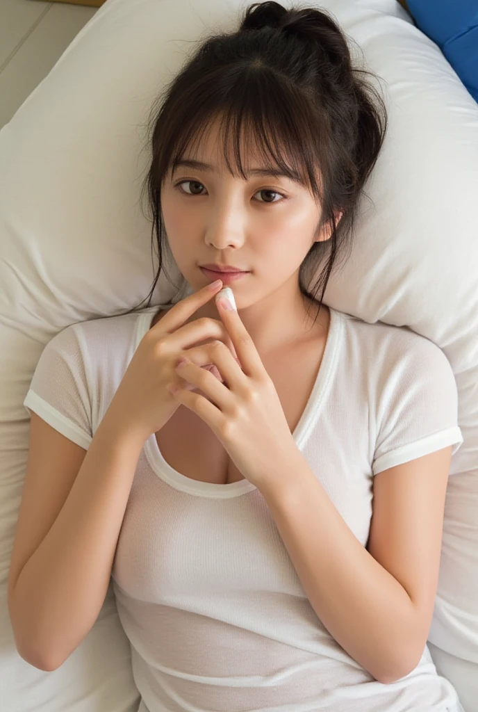  young Japanese women inserting dildos into pussy,  realistic, photo- realistic, Masterpiece,  best quality ,  intricate detail ,  VERY DETAILED,  sharp concentration,  professional lights , (Bust, Front View, the above:1.2), Alone,  1 GIRL, ( lying in bed, On the back,   head-on pillow , sleeping position :1.4),  slender body, Small Head,   straight long black hair with blunt bangs ,  blue-white skin,  fine skin,  Shiny Skin,   natural makeup ,   Tiny Breasts ,  T-shirt, Hidden nipples,  Sensual Face,  enchanting eyes,   Enchanting Poses for Gravure Photos,  anatomically correct proportions , indoor, Home, bedroom,