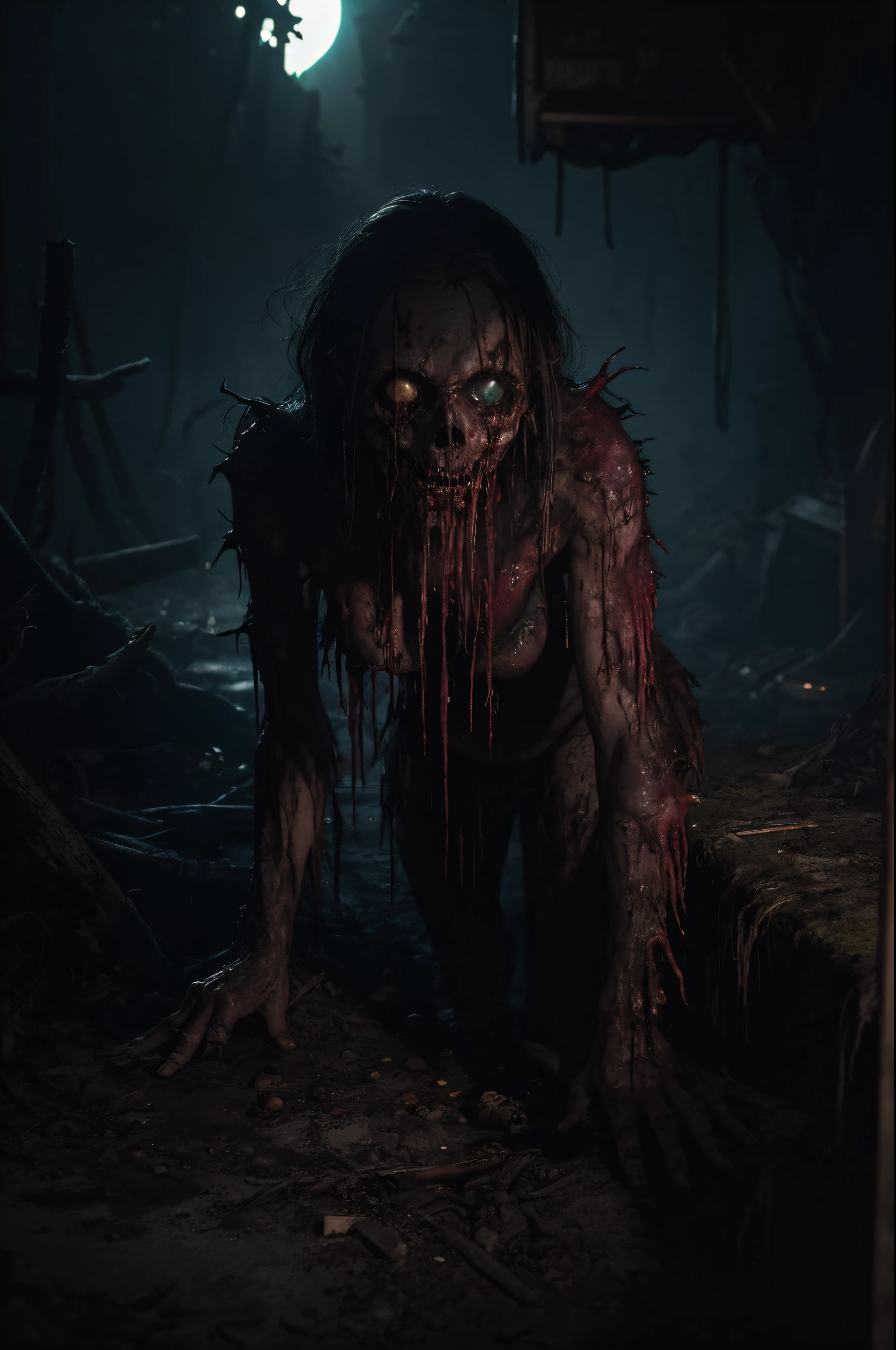 macabre spirit, entrails, crawling, 1hombre, Enfoque masculino, sangre, Ropa rasgada, empty eye sockets, piel verde, piel azul,