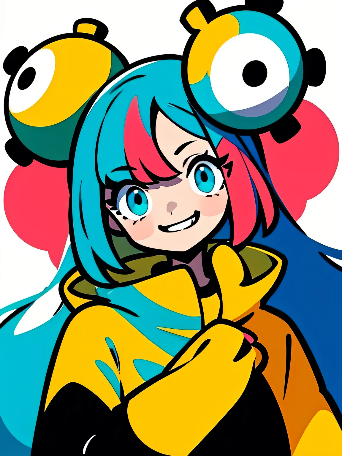 Highest quality、masterpiece、Anime Style、iono1, long hair, yellow jacket, long sleeves, hair ornament,upperbody,murakami:1.2,smile、White Background,Nanjamo,No text