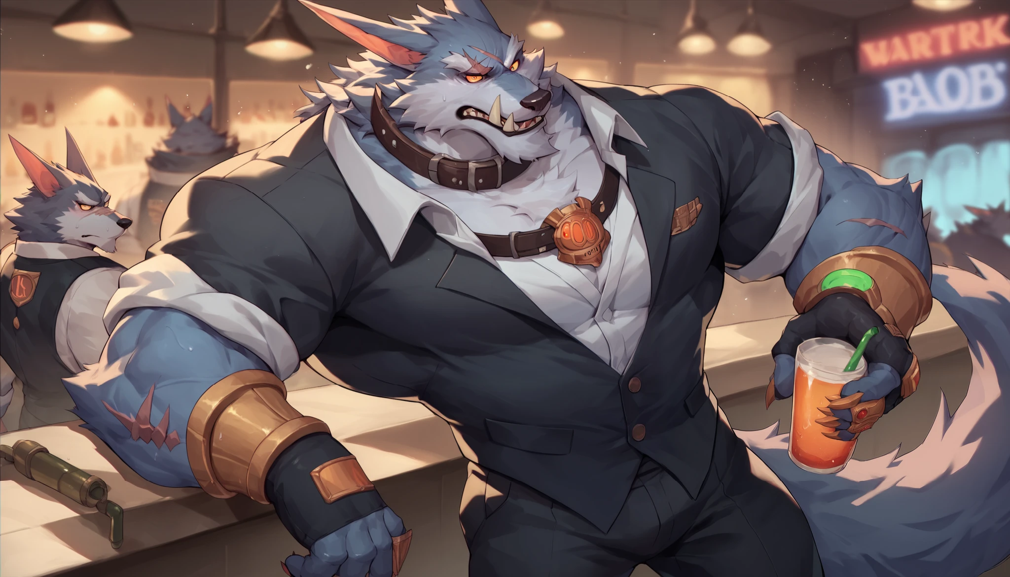 Furry Wolf,warwick_lol, very Big muscle body type, Standing up Wearing open Black Butler Suit with sleeves rolled up, Black Gloves, Collar, neon night bar, making a drink, Cold and serious, Scars,