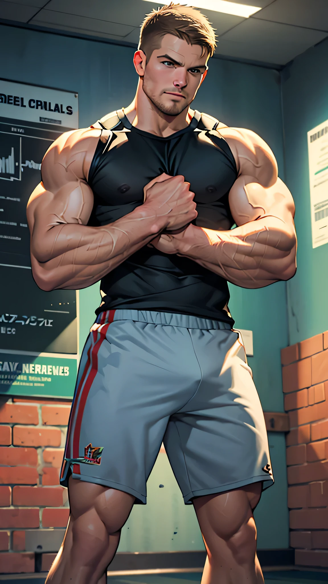 42k, high quality , detailed face , detailed hands , detailed muscles , stephen amell standing, posing in a gym hall ,standing with spread legs, showing his muscles, background brick wall with men health posters
