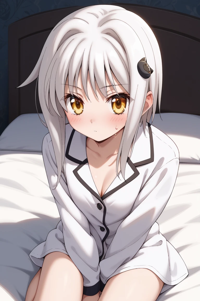 masterpiece,best quality,{{detailed beautiful face and eyes}}, very detailed background,
Koneko Toujou,short hair,white hair,hair ornament,yellow eyes,flat chest,
((white pajamas)),
1girl,******* old,cleavage,(is aroused,big blush:1.0),sweat,
((on bed,hand between legs,my legs:1.2)),
(night bedroom background:1.0),clothed