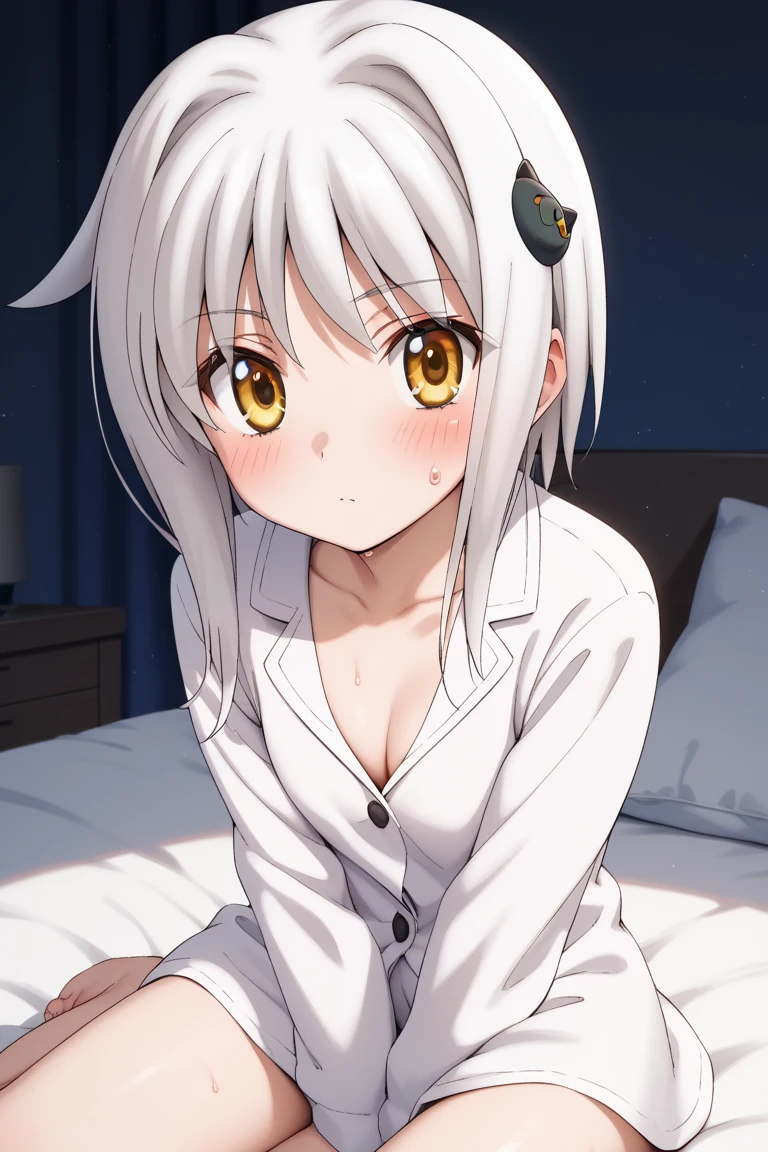 masterpiece,best quality,{{detailed beautiful face and eyes}}, very detailed background,
Koneko Toujou,short hair,white hair,hair ornament,yellow eyes,flat chest,
((white pajamas)),
1girl, old,cleavage,(is aroused,big blush:1.0),sweat,
((on bed,hand between legs,my legs:1.2)),
(night bedroom background:1.0),clothed