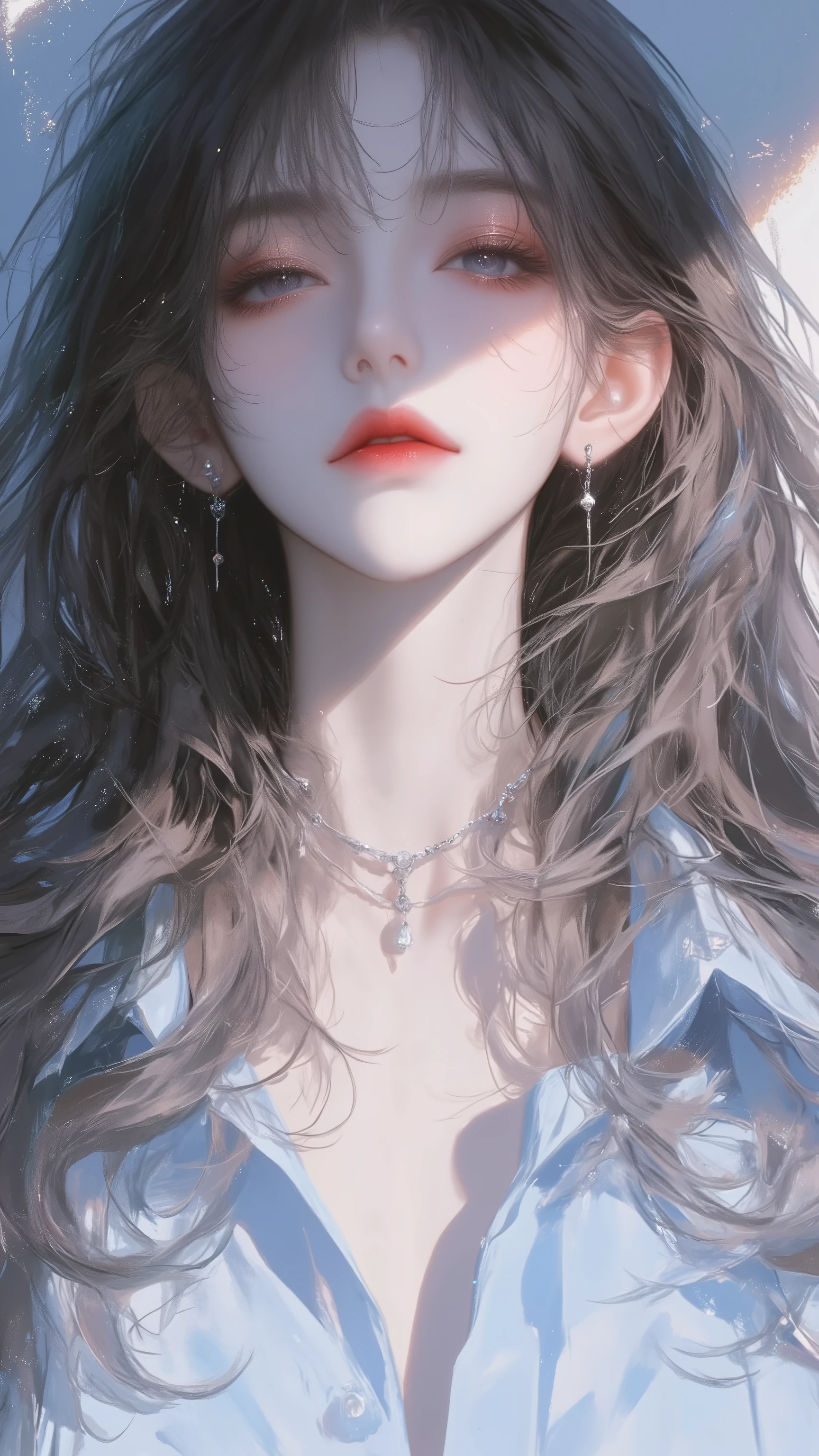 proportional body, realistic fingers, natural facial features,anatomically accurate,High Quality,Amazing Details,ultra high resolution,(realism:1.4),best illustration,(full body image from head to knee:1.3),Lower your head,smile,anime girl,anime style ,low head,cut bangs Dark green long hair with micro-curls scattered over the shoulder,bangs,purple eyes,chest,smile,sketch style,pink lips,light blue shirt,緑のブレザー,Masterpiece,anatomically correct,Details,High  Details,HD Model, xijie  _green