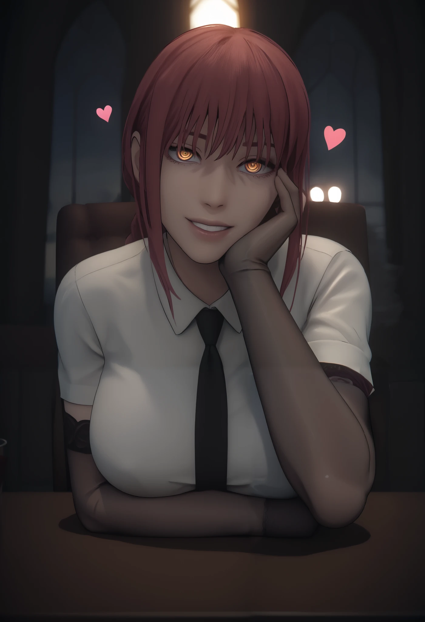 score_9, score_8_up, score_7_up, score_6_up, uncensored, Makima, maroon hair, braided ponytail, ringed eyes, yellow eyes, naughty face, shiny skin, sweating, BREAK UHD, retina, masterpiece, accurate, anatomically correct, textured skin, super detail, high details, high quality, award winning, best quality, highres, 4K BREAK, hearts, pleasured, Expressiveh, clenched teeth, elbow gloves, head rest, table, cup, head rest, gloves, necktie, bokeh, spotlight, looking at viewer, half-closed eyes, shaded face, sitting, throne, large breasts, white shirt, black necktie, gothic, dark fantasy, thick lips, bimbo