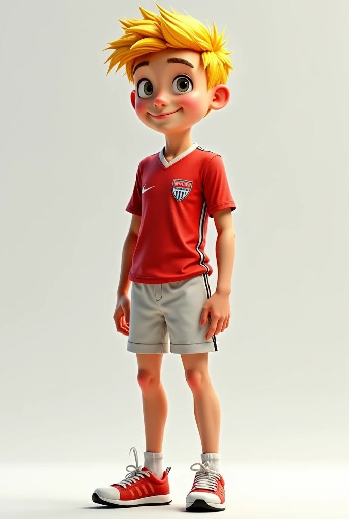 menino, 14 years old, Korean, freckles, blond hair, in a red T-shirt, white sleeves, in blue jeans, in red and white sneakers