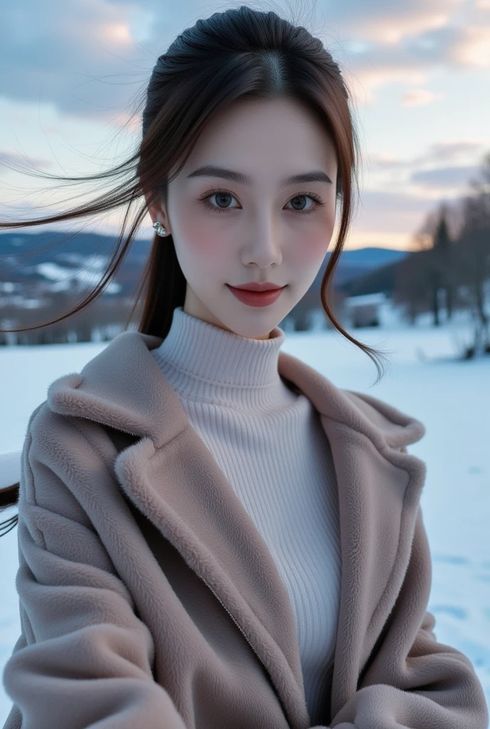 ((masterpiece, 32k,8k,wallpaper, high resolution, H,RAW photos,)),(realistically:1.5),(light),(Detailed fingers),(High detail skin:1.beautiful eyes),1 girl,alone,center， Winters, Yuki, fur collar wind coat, turtleneck sweater, Minkitz, lace up pantyhose,(huge snatch),twilight，Cloud，wind，hair flying，