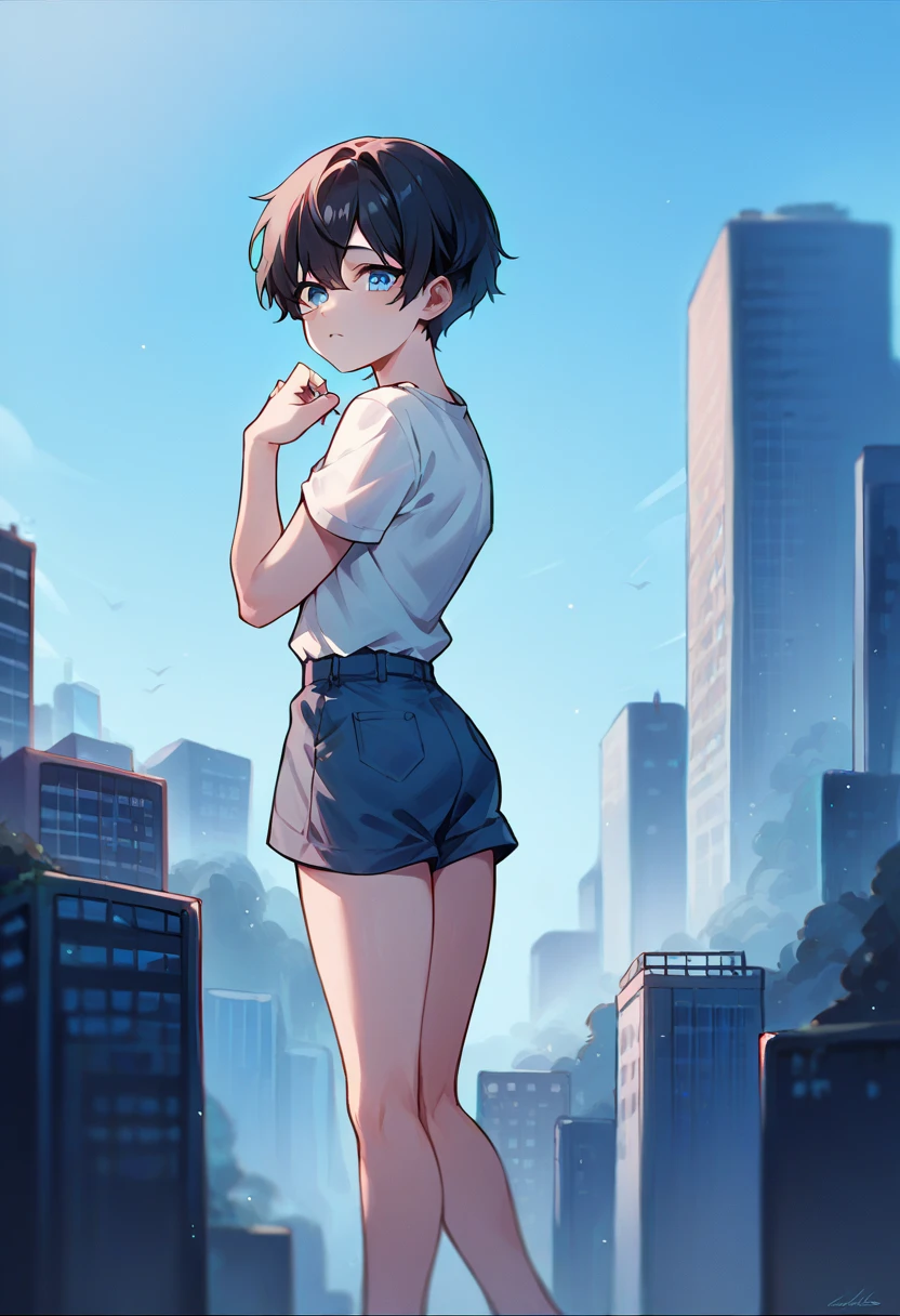 score_9, score_8_up, score_7_up, score_6_up, score_5_up, score_4_up, (source_anime), messy short hair, black hair, femboy, twink, blue eyes, giant, city