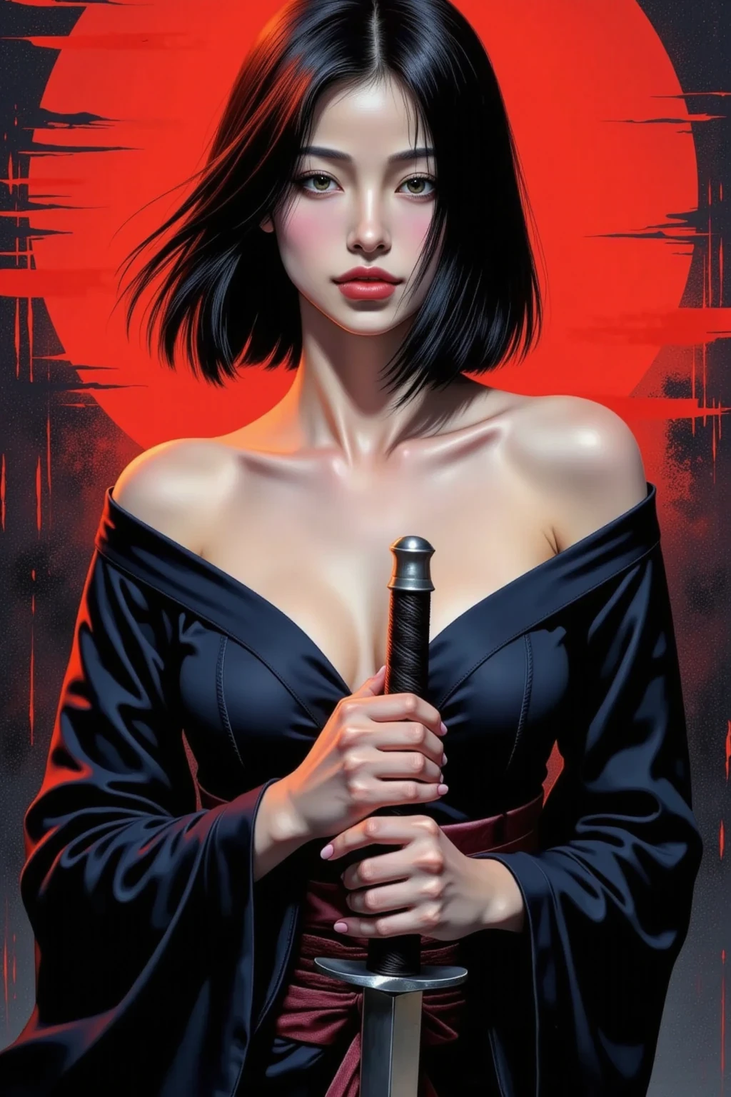 A female warrior, seductive, direct gaze, short black hair, pale skin, kimono, off shoulder, both hands on the hilt of a katana, red light illuminating one side of face, female black and blue tones, bright red, red brush strokes sky, red brush strokes background, moody, ink art piece, dark, dynamic angle, poster, minimalistic, drkfnts style