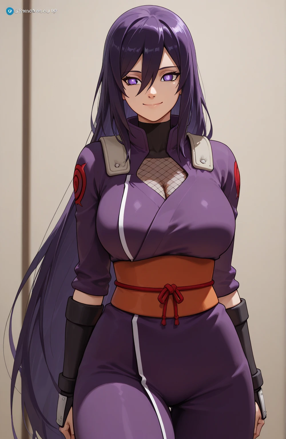  a girl, Alone, high resolution,  Long hair , breasts, smile,  looking at the spectator ,  Hair between eyes ,  Very long hair ,  Violet eyes, masterpiece,  Precise, Pintura de acción, Anatómicamente correcto,  The best quality, ninja, kunoichi, naruto Shippuden art, anime, shinobi