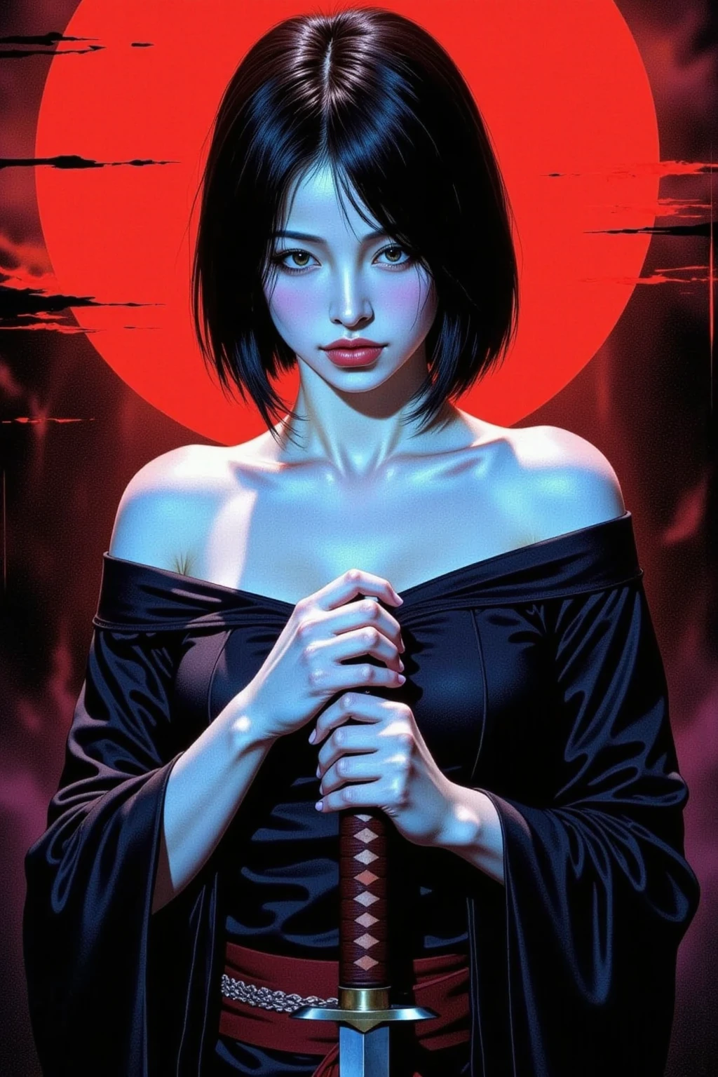 A female warrior, seductive, direct gaze, short black hair, pale skin, kimono, off shoulder, both hands on the hilt of a katana, red light illuminating one side of face, female black and blue tones, bright red, red brush strokes sky, red brush strokes background, moody, ink art piece, dark, dynamic angle, poster, minimalistic, drkfnts style