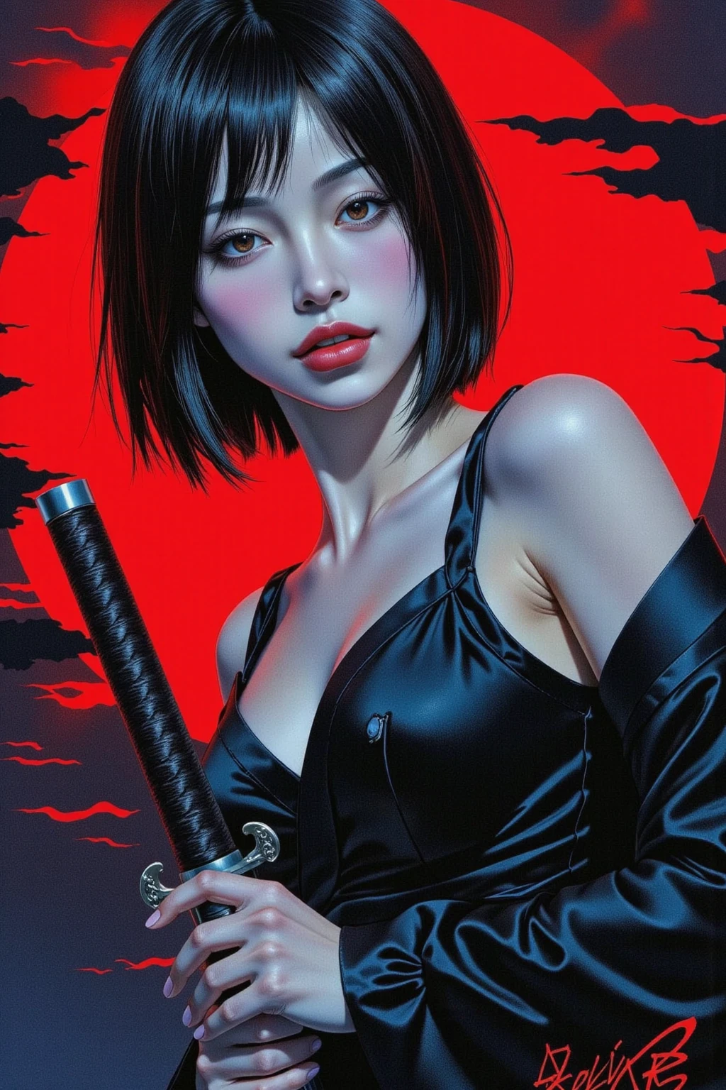 A female warrior, seductive, direct gaze, short black hair, pale skin, kimono, off shoulder, both hands on the hilt of a katana, red light illuminating one side of face, female black and blue tones, bright red, red brush strokes sky, red brush strokes background, moody, ink art piece, dark, dynamic angle, poster, minimalistic, drkfnts style