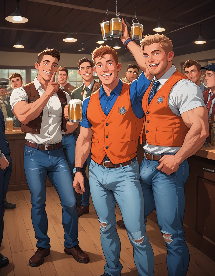 4 boys frat party, on frat house livingroom, open sport vest, fit, hairy happy trail, beers around, having fun, big bulge, jeans 