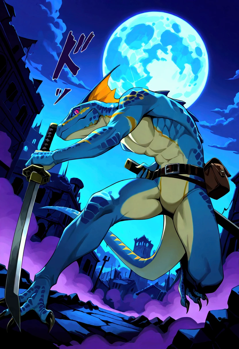 score_9, score_8_up, score_7_up, score_6_up, score_5_up, male , skink, lizard, solo, scalie , dark blue  thin crest, thin body, dark blue body, dark blue scales, bi-colored eyes, blue-red eyes, slit pupils, topless, clawfeet, clawhand, desolation, post-apocalypse, late night, blue moon, purple fog, crumbling medieval city on background, vermintide, dynamic angle, agressive stance, menacing, fighting stance, expressionless, in front of the viewer, damaged black short, full body, holding a white katana,  dark belt bag, bending forward,