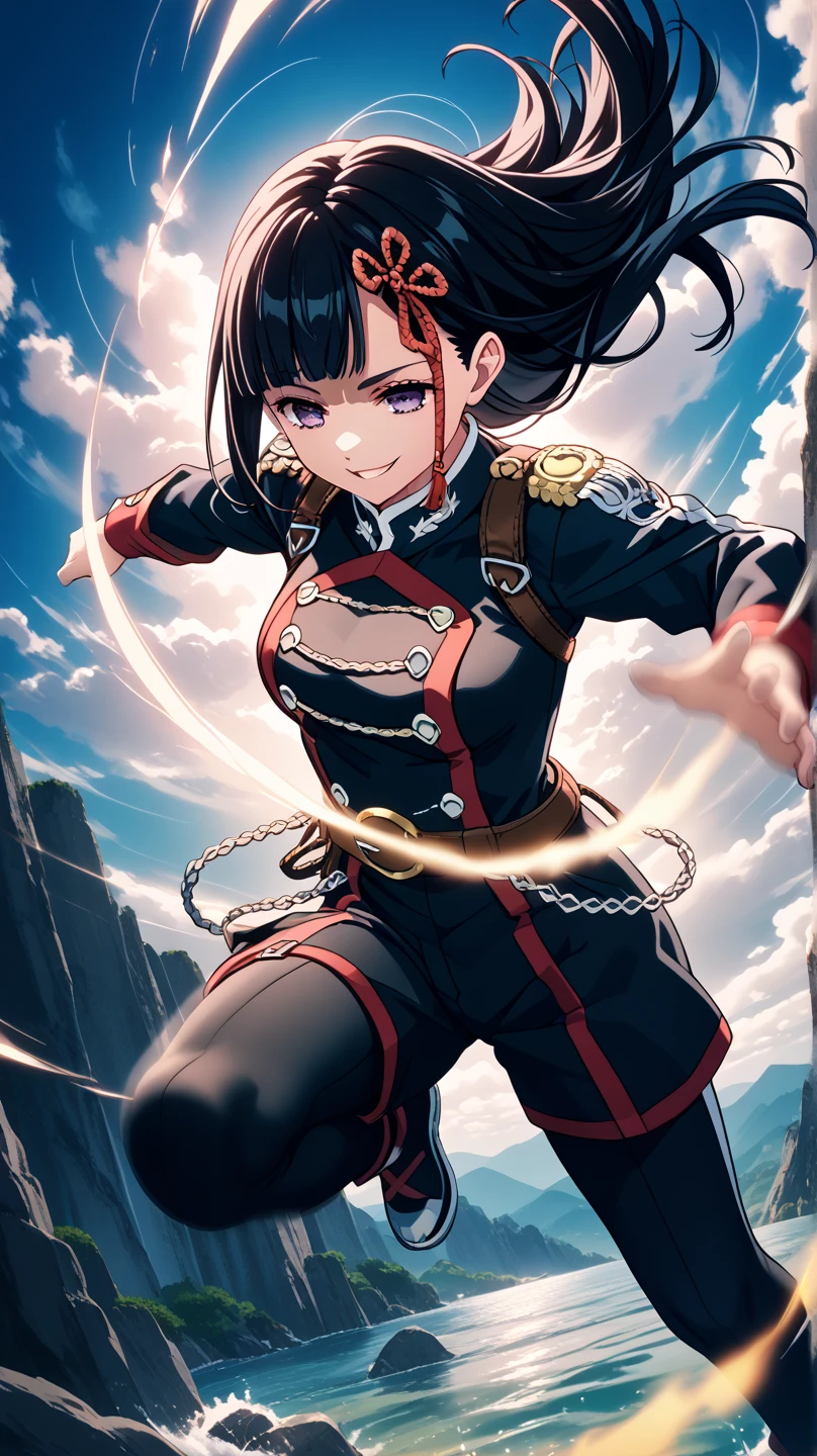 solo,shirenyamashiro, anime screencap, anime coloring, long hair, black hair, purple eyes, blunt bangs, diving to Titan from high above by The 3-D Maneuver Gear, downspin, motion blur, (dynamic pose), smirk, shaded face, half-closed eyes, hollow eyes, holding 2swords\). anthro, screen capture. dynamic angle. BREAK .quality\(8k,wallpaper of extremely detailed CG unit, high resolution, top-quality, top-quality real texture skin, hyper realistic, increase the resolution, RAW photos, best quality, highly detailed, the wallpaper, golden ratio, high saturation realism, vibrant colors, dramatic lighting, persuasive storytelling, atmospheric scenery, captivating visuals, intricate details, strong emotions, dreamlike world\).landscape, dutch angle, action shot, (motion blur:1.3), limited color, tense battle scenes