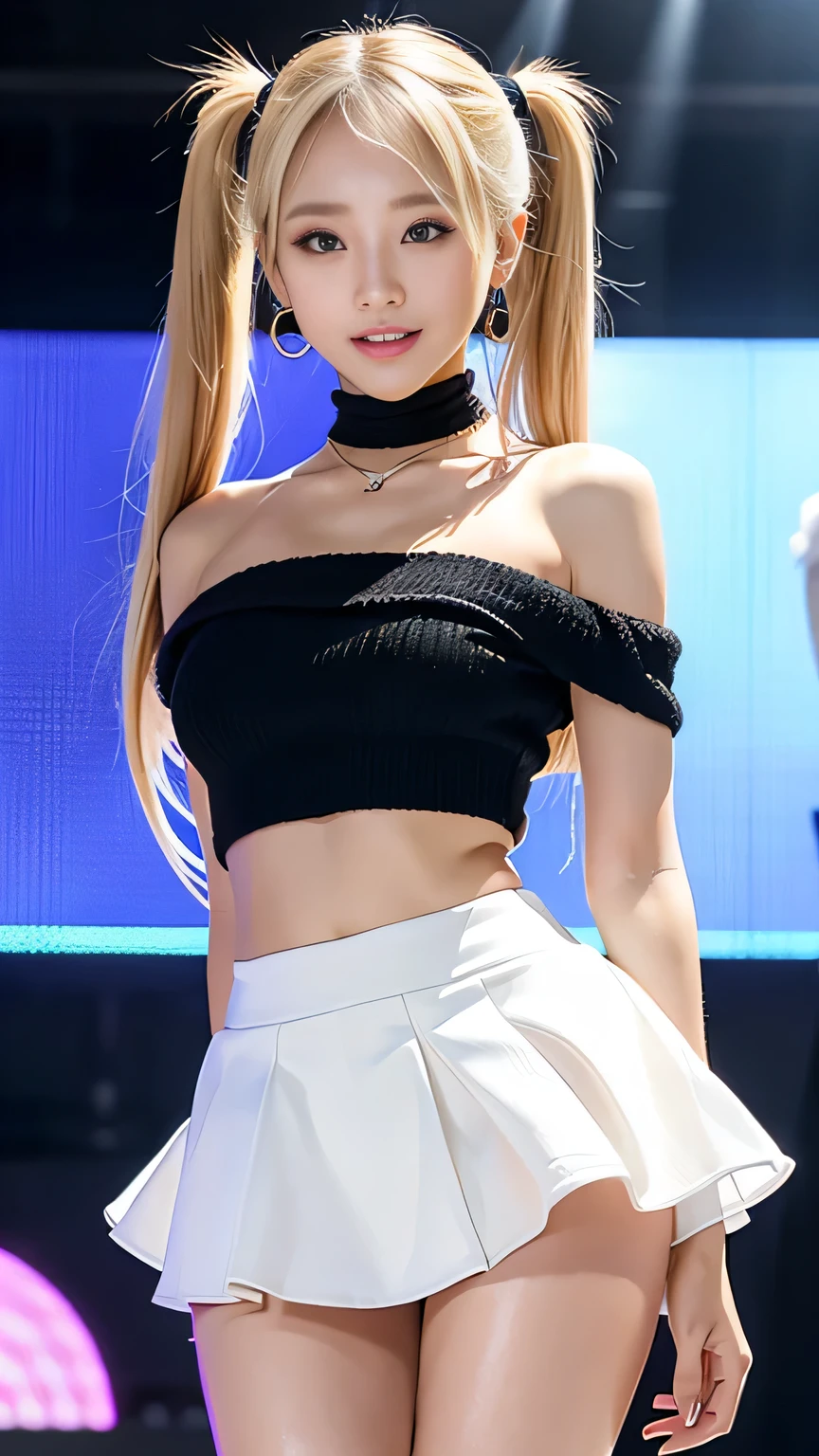 (Best Quality, 16 K, masutepiece: 1.3), Pretty Woman, Spice Girl Costume, Bandeau, open waist, Sexy, Irregular pleated skirt, long long legs, Super Detail Face, Detail lips, Detail Eyes, Double eyelids, hard disk