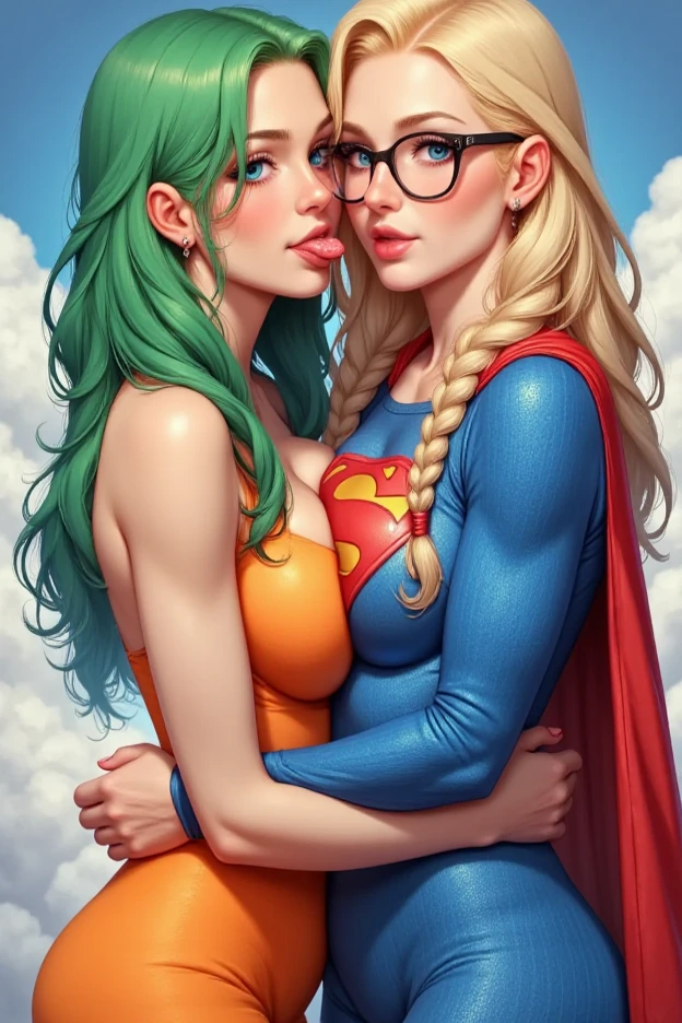 A TALL 7 FOOT FEMALE WITH LONG GREEN HAIR AND GREEN EYES, WEARING A ORANGE DRESS PASSIONATELY KISSING A FEMALE WITH BLONDE HAIR IN A FULL BRAIDS, BLUE EYES, GLASSES, WEARING A BLUE CORDUROY FABRIC SUPERMAN SUIT AND A RED SUPERMAN CAPE. (FOREPLAY NIPPLE SQUEEZE AND BREAST SQUEEZING). LOTS OF SALIVA DRIPPING ON BOTH OF THIER LIPS. CRYSTAL CLEAR IMAGE, 4K HIGH RES, PROFESSIONAL DETAILS AND TEXTURES.