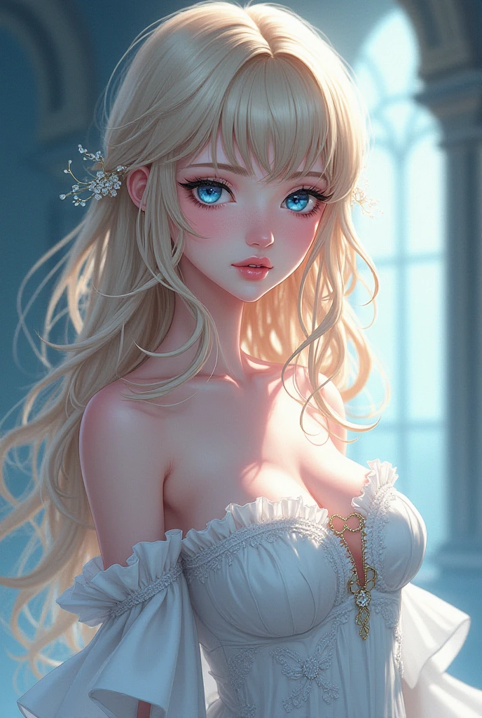positioned at a low angle, capturing the girl's confident gaze, fine strands of hair delicately falling on her face, calming atmosphere with soft pastel colors, dream-like setting with flowers and butterflies surrounding her, elegant and sophisticated dress, luscious lips with a subtle smile, gentle light casting shadows on her face, highlighting her natural beauty, vibrant and lifelike textures, capturing every intricate detail of her skin, ethereal and enchanting aura, evoking a sense of empowerment and sensuality, artistic portrait with a touch of fantasy.