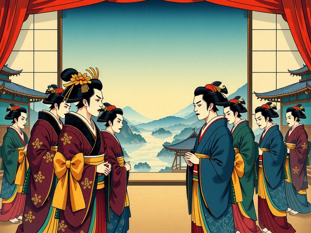 Please generate 、 Kabuki pictures using the Ukiyo-e method。