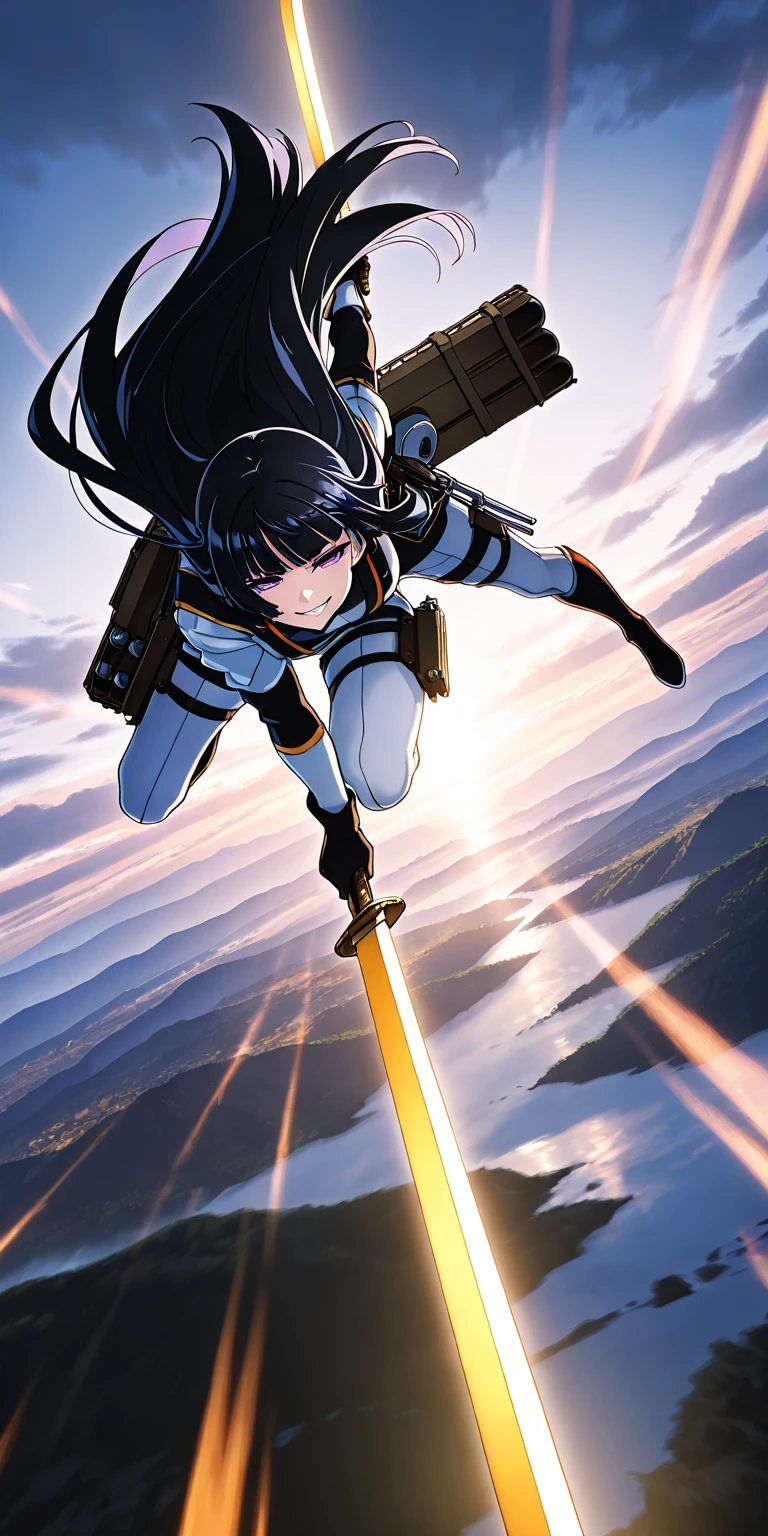 solo,shirenyamashiro, anime screencap, anime coloring, long hair, black hair, purple eyes, blunt bangs, diving to Titan from high above by The 3-D Maneuver Gear, downspin, motion blur, (dynamic pose), smirk, shaded face, half-closed eyes, hollow eyes, holding 2swords\). anthro, screen capture. dynamic angle. BREAK .quality\(8k,wallpaper of extremely detailed CG unit, high resolution, top-quality, top-quality real texture skin, hyper realistic, increase the resolution, RAW photos, best quality, highly detailed, the wallpaper, golden ratio, high saturation realism, vibrant colors, dramatic lighting, persuasive storytelling, atmospheric scenery, captivating visuals, intricate details, strong emotions, dreamlike world\).landscape, dutch angle, action shot, (motion blur:1.3), limited color, tense battle scenes