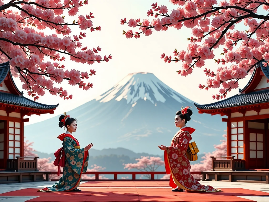 Please generate 、Please generate a Kabuki picture with Mt. Fuji and cherry blossoms。