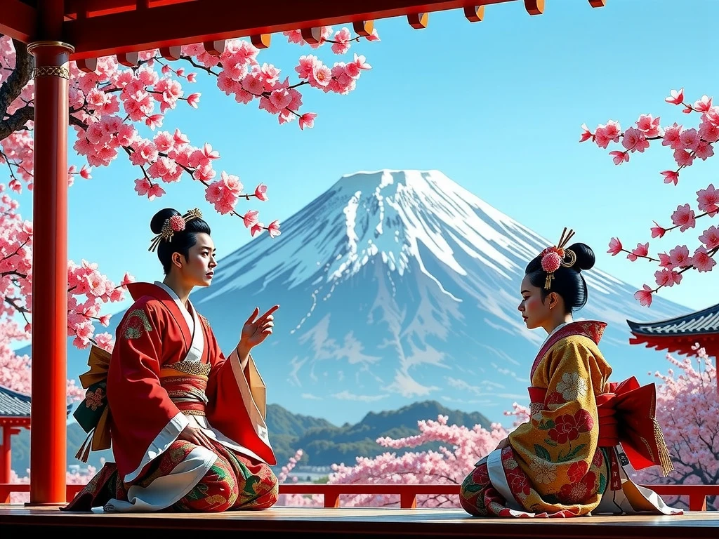 Please generate 、Generate a Kabuki picture with Mt. Fuji and cherry blossoms。