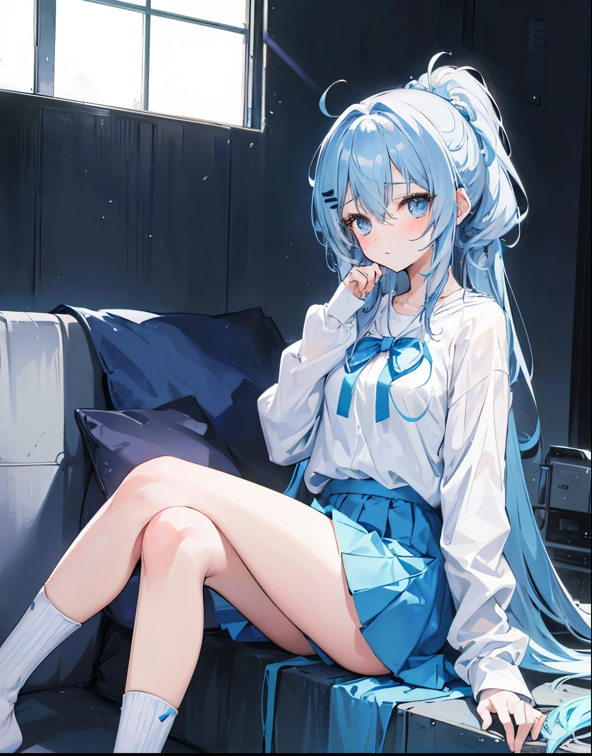 (8K, highest quality, masterpiece:1.2),(Blue colored eyes),((Clothing Details)),High-definition CG Unity 8K, concentrated, Realistic, Shadow, Soft lighting, Gray Hair, Flutter Hair, nice, A gentle smile, Sailor suit,　Blue Skirt、Long sleeve, ribbon, gloves, Choker Noble Necklace. (blush:1), Knee socks、 The skirt is rolled up,Embarrassed look、(Put one hand in your panties:1.8),The expression of someone who is holding back from going to the toilet, (Sexual pleasure expression:1.4), (Anguished expression:1.2)、close your eyes、Sexy appearance、Look Up、Mouth half open、whole body