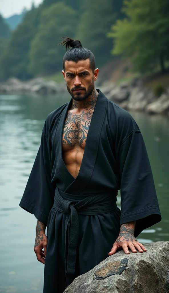 Extremely Heavily tattoed male ronin wearing a open beige kimono,