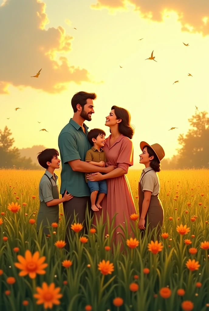 a pregnant woman and a young boy walking through a wheat field, a stock photo by Alexander Fedosav, shutterstock, figuration libre, husband wife and son, lonely family, in the countryside, walking in the wheat field, in a field, in field high resolution, portrait of family of three, walking in high grass field, in a scenic background