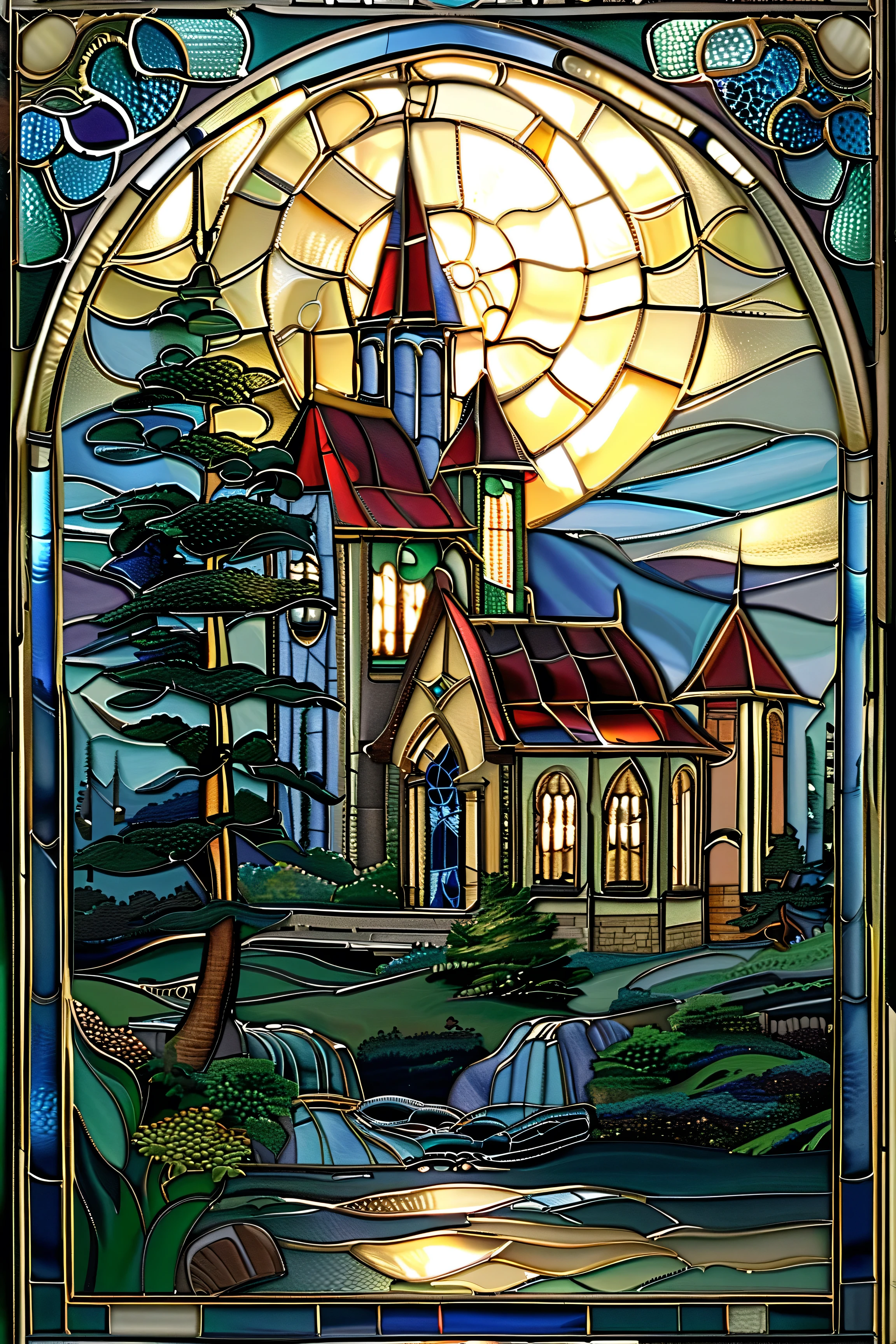 Stained glass works. create a harmonious and enchanting scene , gothic arches , The colors used in the work are vivid , Ornate Decor . The surrounding environment is rich in green, Tall tree々With, Flowing Waterfall, cartoon-like setting . intricate designs , Shades of blue, green, red, gold dominates the scene . The castle's architectural style is a 、 brightly colored stained glass windows , The splendor of a magnificent castle or cathedral nestled in a tranquil landscape .